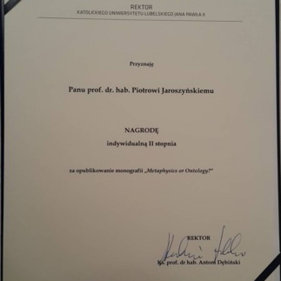 Nagroda JM Rektora KUL dla prof. dr hab. Piotra Jaroszyńskiego
